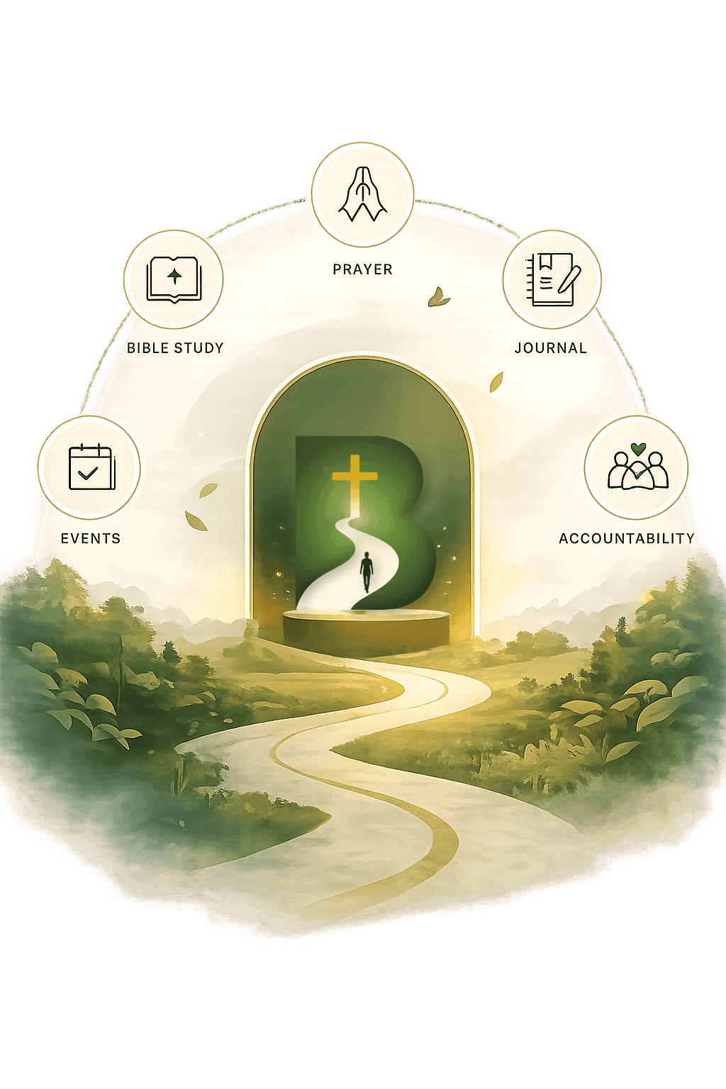 BeGuide concept connecting prayer, Bible study, journaling, events, and accountability